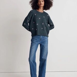 Madewell Womens Sweater  Green Floral Embroidered Crew Neck Merino Wool Size S
